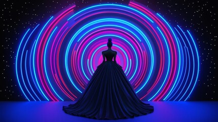 Naklejka premium Elegant silhouette of a woman in a stunning gown against vibrant neon lights.