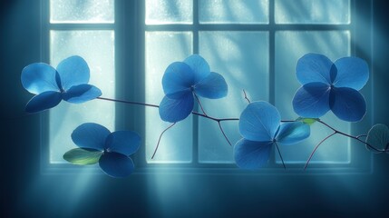 Blue flowers at window, sunbeams, dreamy scene