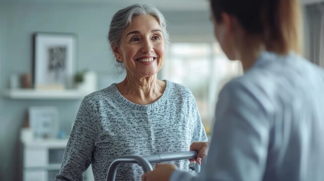 A happy elderly woman using a walker, helped by a medical professional in a spacious and welcoming therapy environment