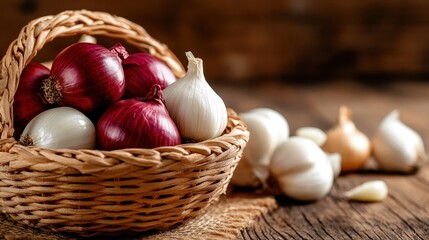 An appealing array of red and white onions displayed charmingly in a rustic basket, emphasizing the beauty of fresh and natural ingredients for culinary creations.