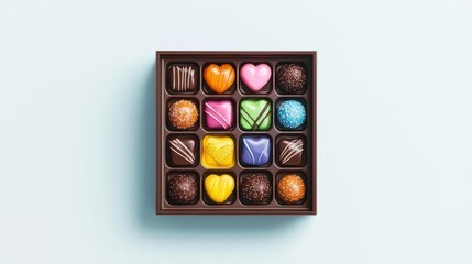 A beautifully arranged box of colorful gourmet chocolates on a light blue background.