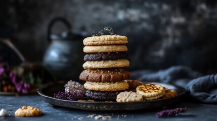 Stacked cookies on dark tray, still life, homey background, food photography, dessert