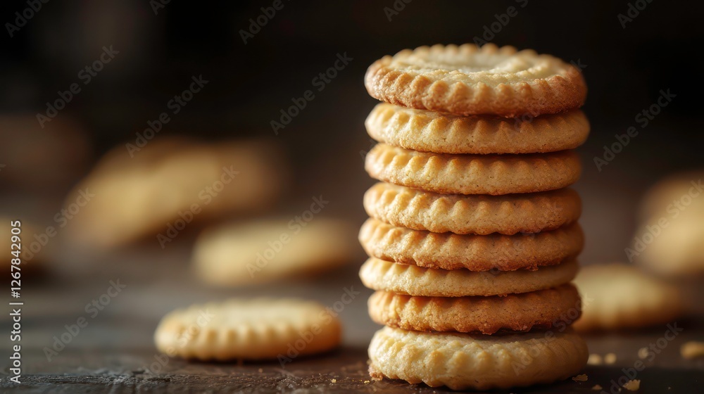 Poster stack of buttery cookies on wooden table