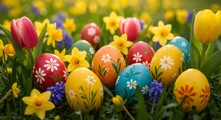 Colorful easter eggs hidden in spring flowers grass yellow tulips daisies on transparent background