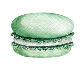Delicate airy watercolor macaroon cake. Watercolor green cake on a white background.