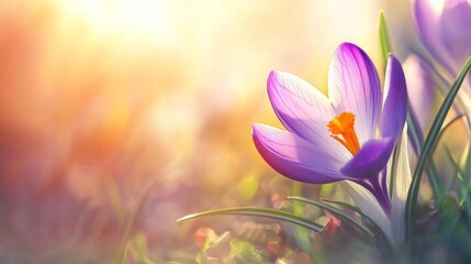 A close-up of a vibrant purple crocus in full bloom, with delicate petals and a touch of yellow at the center, bathed in soft spring sunlight