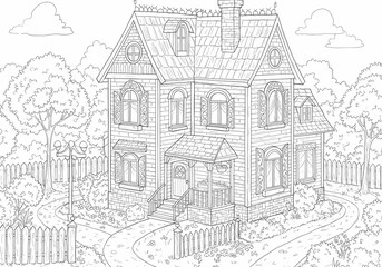 Fototapeta premium Detailed House & Home Building Design Coloring Book: Outline Sketch Doodle Illustrations with Page Drawing Elements