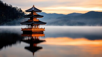 Obraz premium Serene Pagoda Lake Sunrise Mountain Landscape