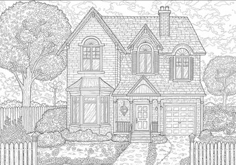 Obraz premium Detailed House & Home Building Design Coloring Book: Outline Sketch Doodle Illustrations with Page Drawing Elements