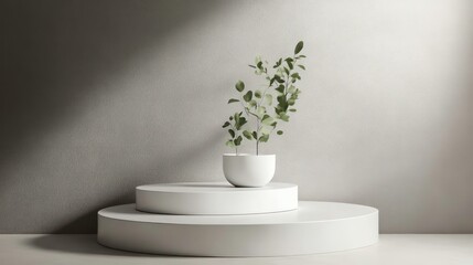 Minimalist plant display on white podiums in a modern room
