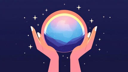Fototapeta premium A pair of hands cradling a colorful crystal ball against a starry background.