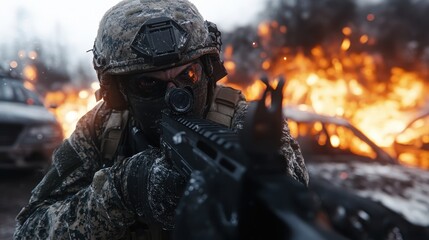 A fierce-looking soldier with tactical gear and a weapon, focused intensely against a backdrop of flames and destruction, illustrating the gravity and intensity of combat.