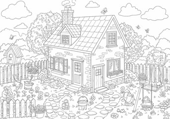 Obraz premium Detailed House & Home Building Design Coloring Book: Outline Sketch Doodle Illustrations with Page Drawing Elements