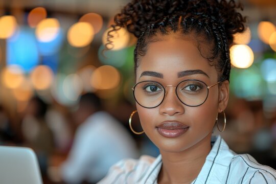 Young woman multitasking working on laptop and smartphone at vibrant coffee shop terrace