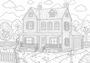 Obraz premium Detailed House & Home Building Design Coloring Book: Outline Sketch Doodle Illustrations with Page Drawing Elements