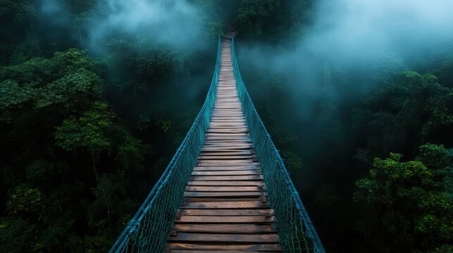 This captivating image features a wooden bridge shrouded in fog, symbolizing a journey into the unknown and evoking feelings of mystery and adventure within nature.