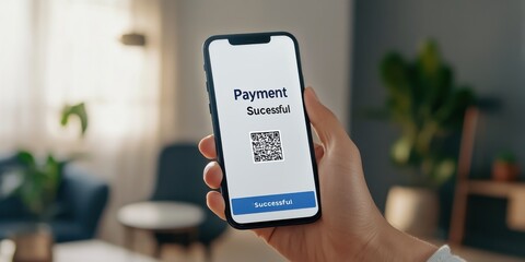 Successful Mobile Payment Confirmation on Smartphone Screen Displaying QR Code and Confirmation Message Indoors