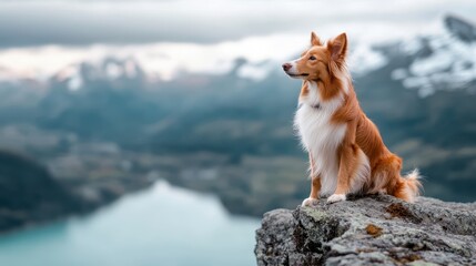 An elegant golden dog poses thoughtfully while looking over a breathtaking scenic view of mountains and a serene lake, embodying grace and curiosity in the wild.