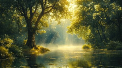 Obraz premium Sunlit forest riverbank scene in early morning mist