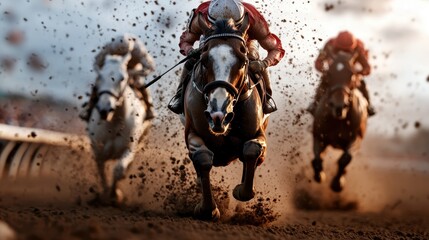 A thrilling moment in a horse race, capturing three powerful horses charging through dirt, showcasing the raw energy, speed, and competitive spirit of these magnificent animals.