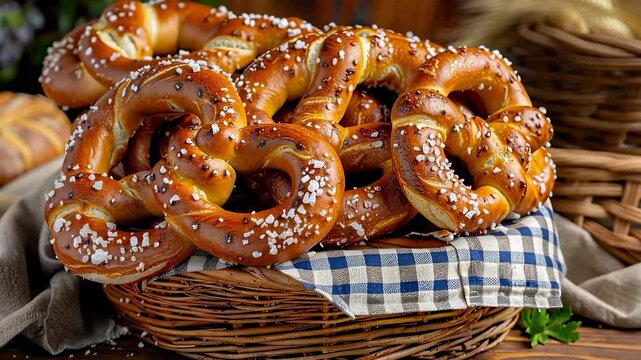 A heap of freshly baked pretzels on a rustic table, symbolizing Oktoberfest, German cuisine, and cultural traditions with a warm and festive atmosphere.