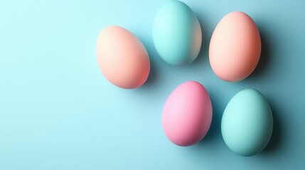 Fototapeta premium A charming display of pastel-hued Easter eggs arranged artistically on a soft background, evoking feelings of joy and celebration during the spring season.