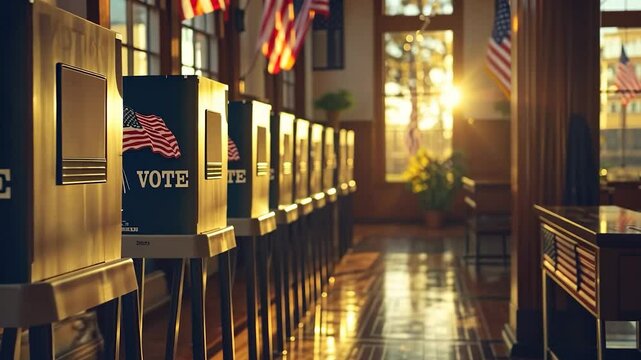 A polling station in the United States decorated with American flags, representing democracy, civic duty, and the importance of voting on Election Day.