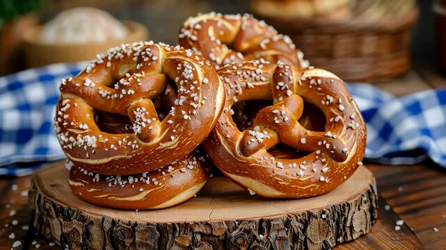 A heap of freshly baked pretzels on a rustic table, symbolizing Oktoberfest, German cuisine, and cultural traditions with a warm and festive atmosphere.