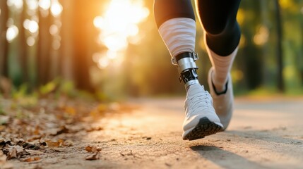 A close-up view of a runner's leg with a prosthetic, showcasing the innovative design while they sprint along a sunlit path surrounded by nature during autumn.