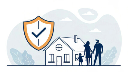 A family stands in front of a house, symbolizing protection and security, with a large shield and a pipe nearby. The scene includes stylized natural elements.AI