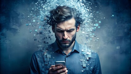 Digital Disintegration: Surreal Portrait of a Pixelated Mind & Smartphone Addiction in Technological Chaos


