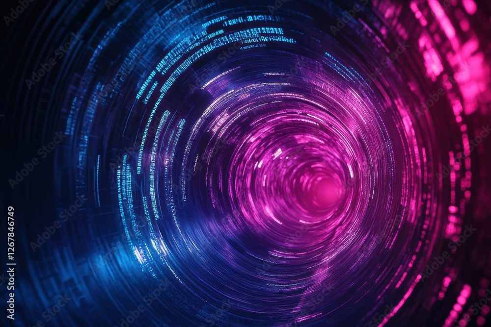 Poster dynamic digital swirl design showcasing vibrant colors and data patterns