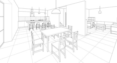 
house interior kitchen living room 3d illustration