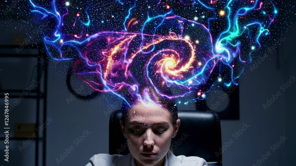Poster cosmic energy swirling above a scientist's head represents deep thought and exploration of the unive