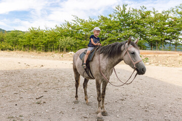 Young rider enjoys horse riding on a sunny day in a scenic outdoor area with trees and blue skies