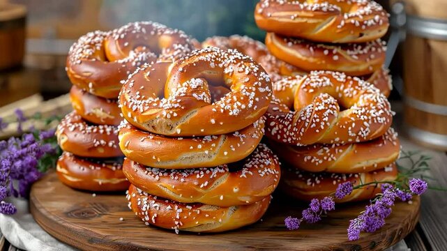 A heap of freshly baked pretzels on a rustic table, symbolizing Oktoberfest, German cuisine, and cultural traditions with a warm and festive atmosphere.
