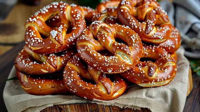 A heap of freshly baked pretzels on a rustic table, symbolizing Oktoberfest, German cuisine, and cultural traditions with a warm and festive atmosphere.