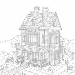 Obraz premium Detailed House & Home Building Design Coloring Book: Outline Sketch Doodle Illustrations with Page Drawing Elements