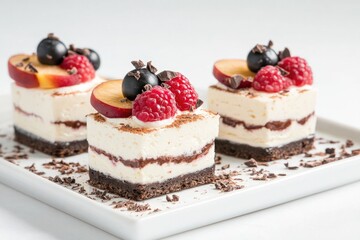 close-up of dessert platter featuring layered parfaits fruit slices and chocolate garnish captured with soft lighting