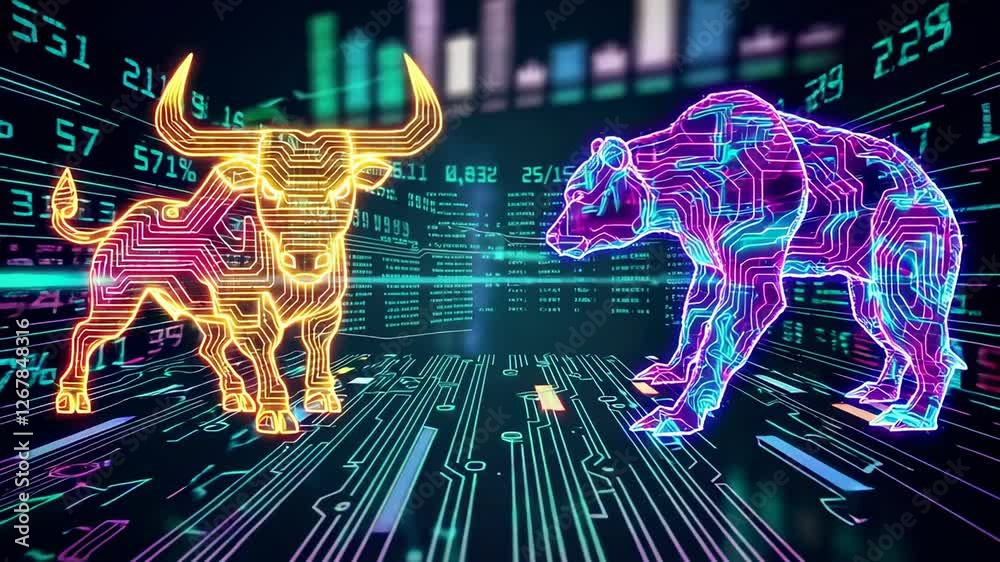 Aufkleber financial market trends are visualized with glowing bull and bear figures standing on a circuit boar