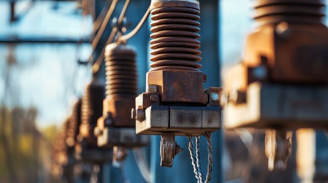Close-up of rusted electrical insulators, showcasing the intricate details of industrial aging and texture under natural light.