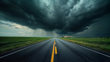 Stormy road ahead during travel. Approaching rain on highway through fields. Dark clouds forming with sun rays on horizon for weather forecast. Dangerous journey with low visibility.