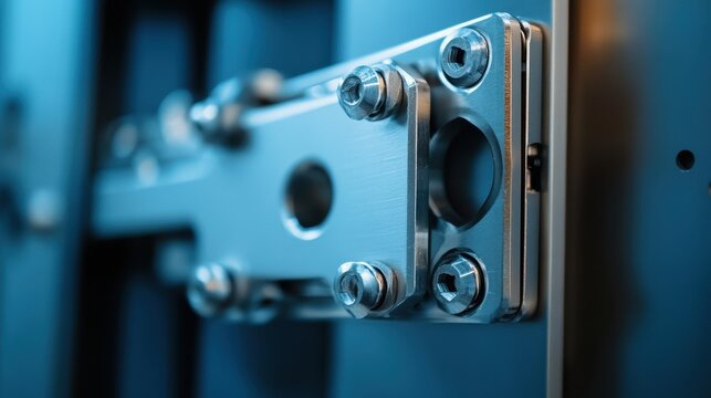Close-up of a sleek, modern metal hinge, showcasing precision engineering and intricate details under a blue light.