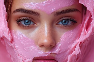 Creative advertising graphic showcasing beauty treatment with vibrant pink mask