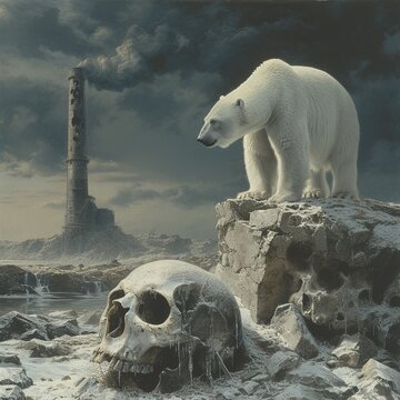 surrealism,Medium Shot(MS),Full Length Shot(FLS),Cold light,/mj An environmental protection promotional poster,The polar bear stands on a skull shaped ice block,In the distance in a towering chimney,s