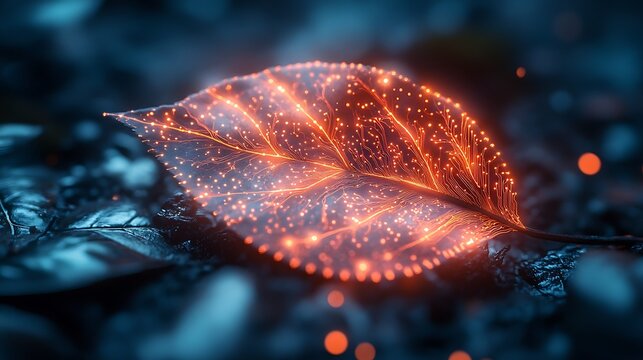 A symbolic image of nature merging with technology featuring a vibrant leaf with embedded glowing circuits