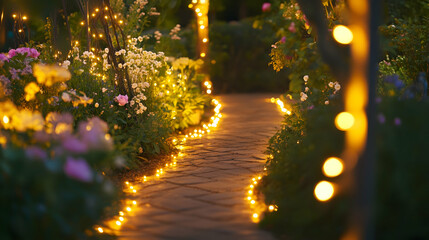 Beautifully lit garden pathway with soft golden lights and fresh flowers, creating a warm and inviting ambiance