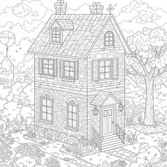 Obraz premium Detailed House & Home Building Design Coloring Book: Outline Sketch Doodle Illustrations with Page Drawing Elements