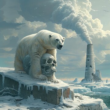 surrealism,Medium Shot(MS),Full Length Shot(FLS),Cold light,/mj An environmental protection promotional poster,The polar bear stands on a skull shaped ice block,In the distance in a towering chimney,s