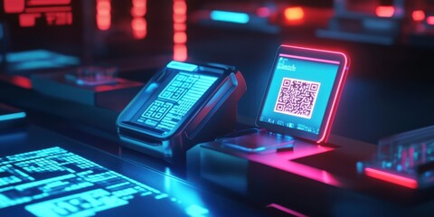Futuristic Point of Sale System with QR Code Payment Technology Neon Lights Sci-fi Retail